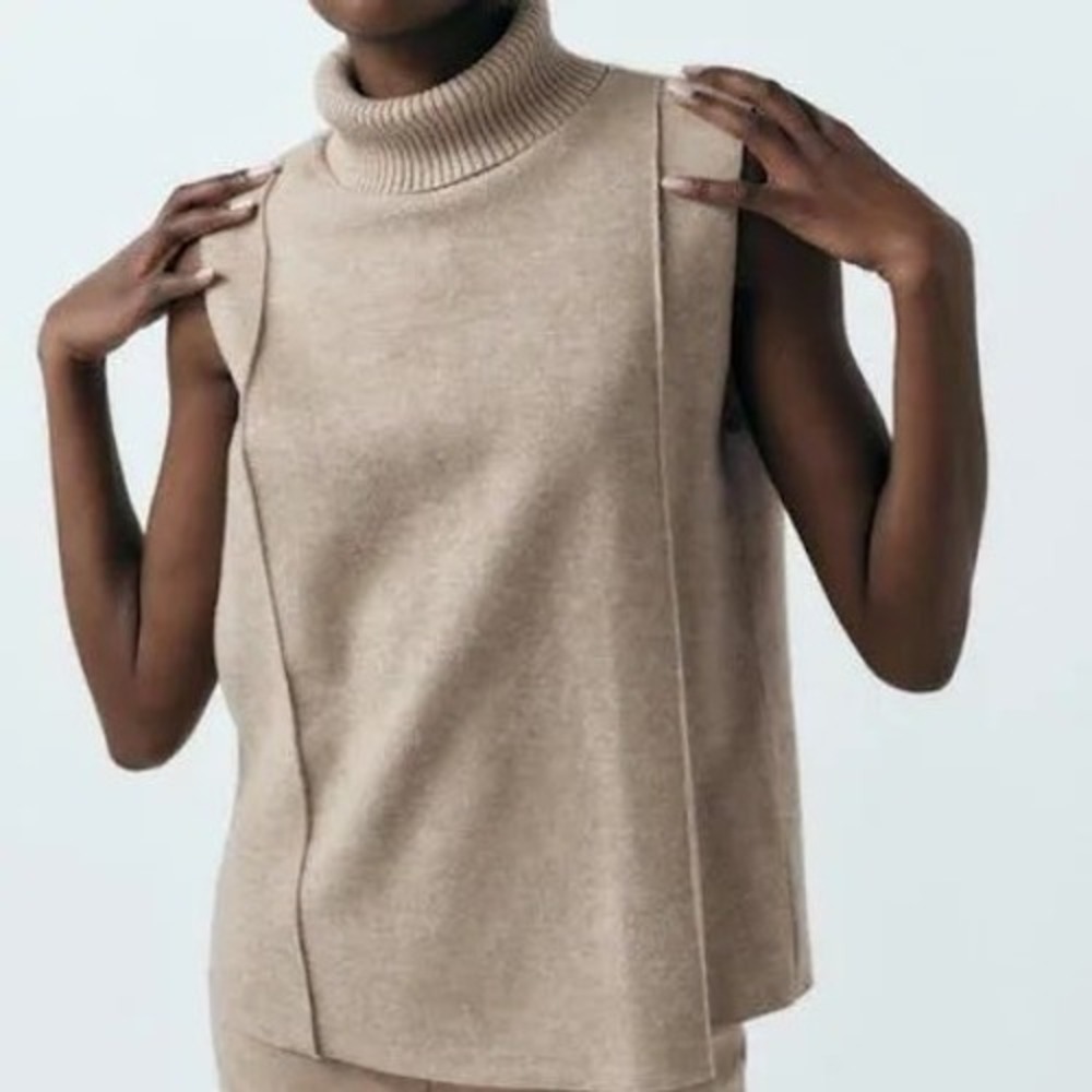Zara Womens Beige Knit Sleeveless Turtleneck Sweater Tank Exposed Seams Sz Small